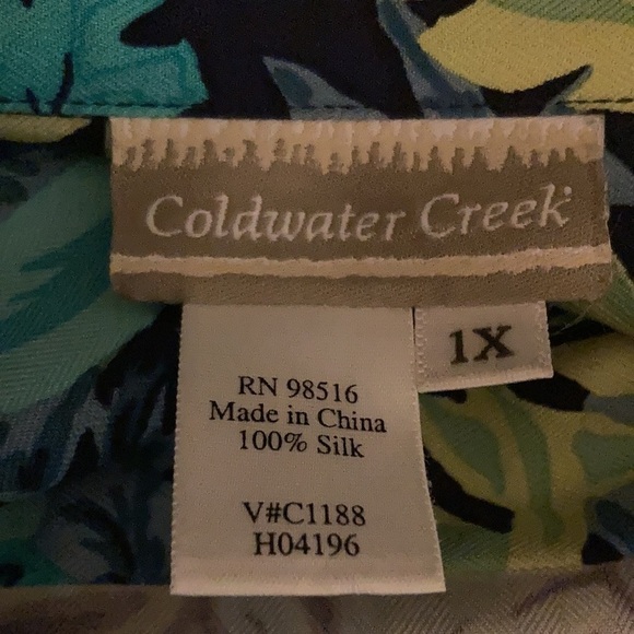 Coldwater Creek 100% Silk Floral Button Front Blouse 1X Blue Tropical Top - Picture 7 of 7